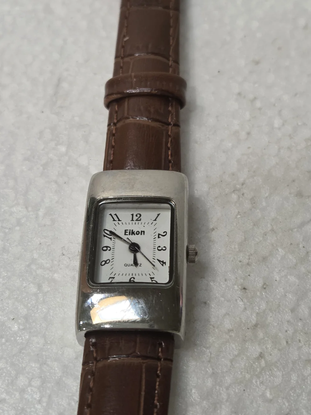 Eikon Rectangular Silver Case Watch with Brown Leather Strap